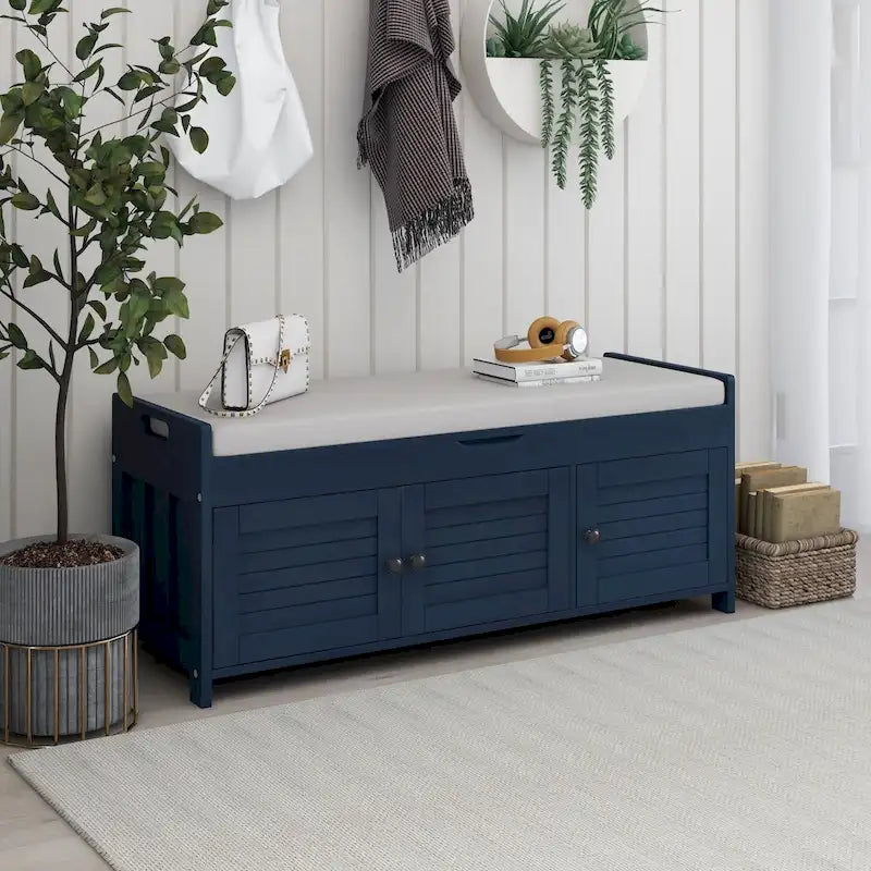 Banc de rangement avec portes persiennes, coussin amovible et rangement intégré