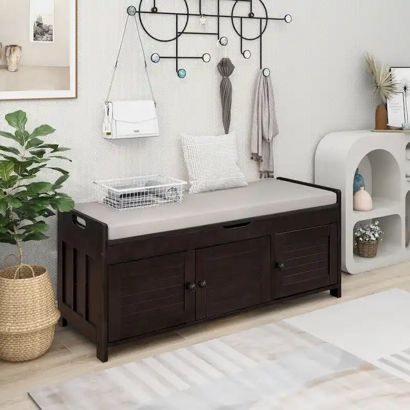 Banc de rangement avec portes persiennes, coussin amovible et rangement intégré