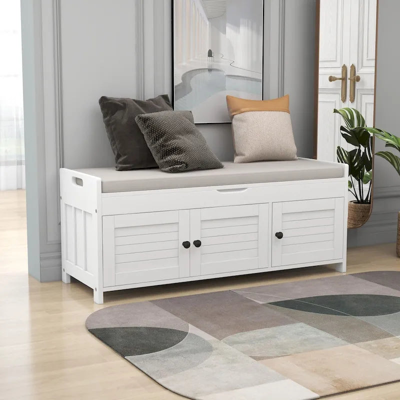Banc de rangement avec portes persiennes, coussin amovible et rangement intégré