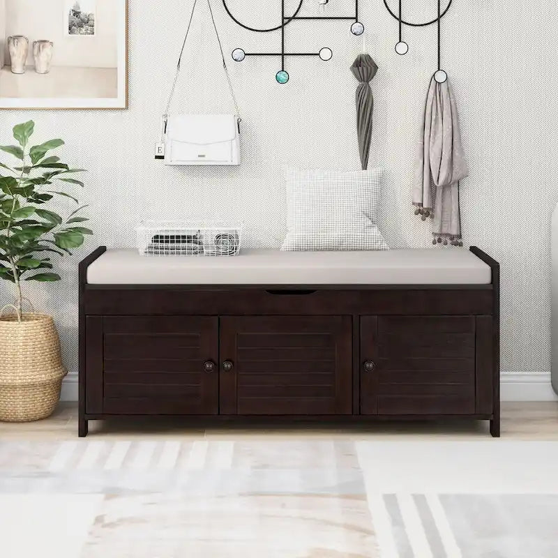 Banc de rangement avec portes persiennes, coussin amovible et rangement intégré