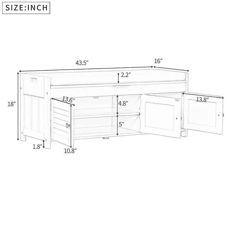Banc de rangement avec portes persiennes, coussin amovible et rangement intégré