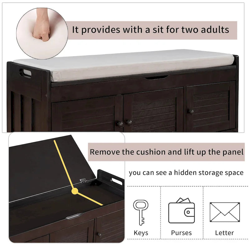 Banc de rangement avec portes persiennes, coussin amovible et rangement intégré