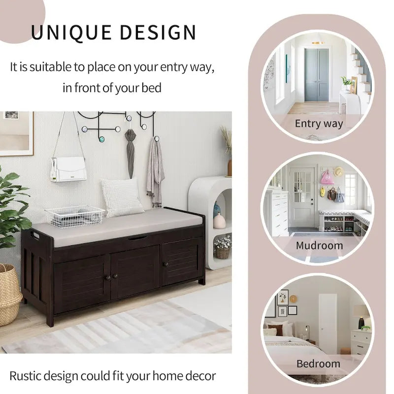 Banc de rangement avec portes persiennes, coussin amovible et rangement intégré