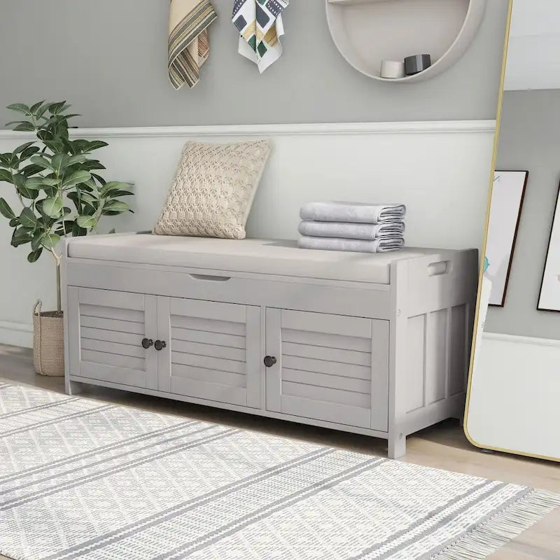 Banc de rangement avec portes persiennes, coussin amovible et rangement intégré