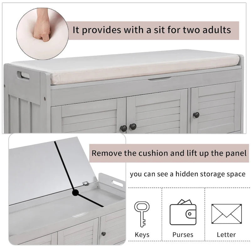 Banc de rangement avec portes persiennes, coussin amovible et rangement intégré