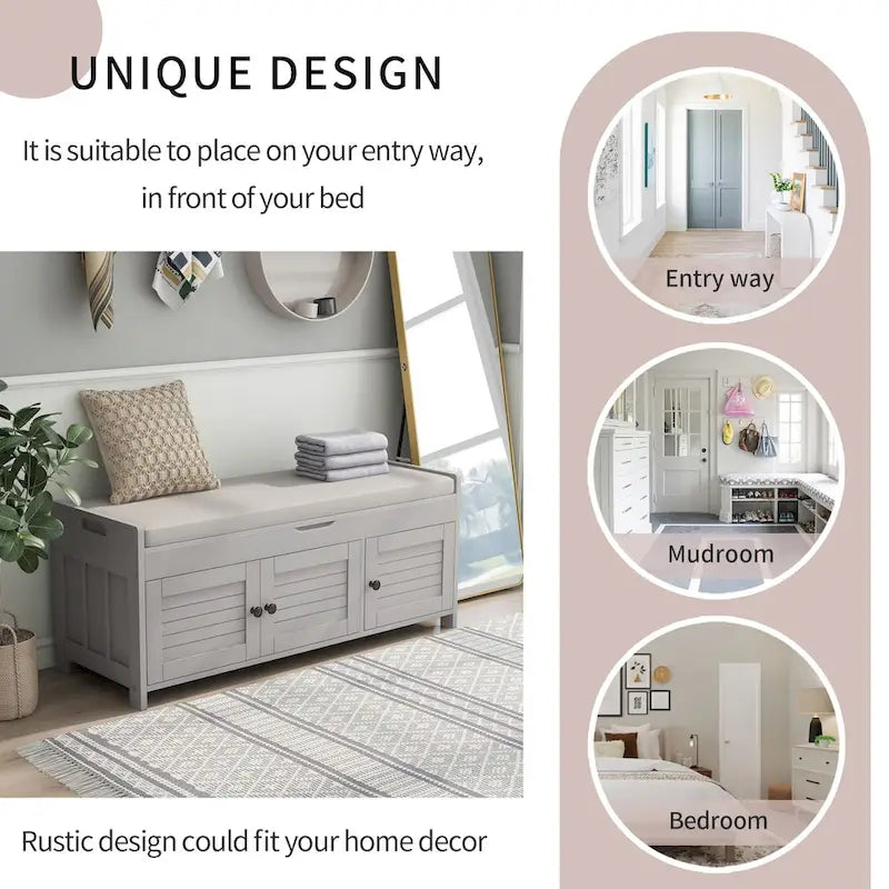 Banc de rangement avec portes persiennes, coussin amovible et rangement intégré