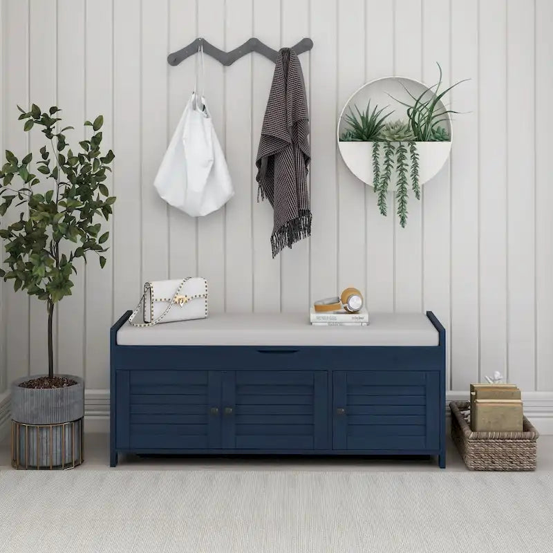 Banc de rangement avec portes persiennes, coussin amovible et rangement intégré