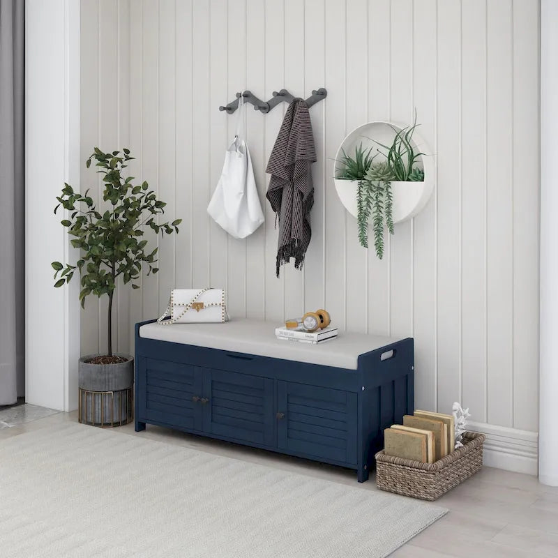 Banc de rangement avec portes persiennes, coussin amovible et rangement intégré