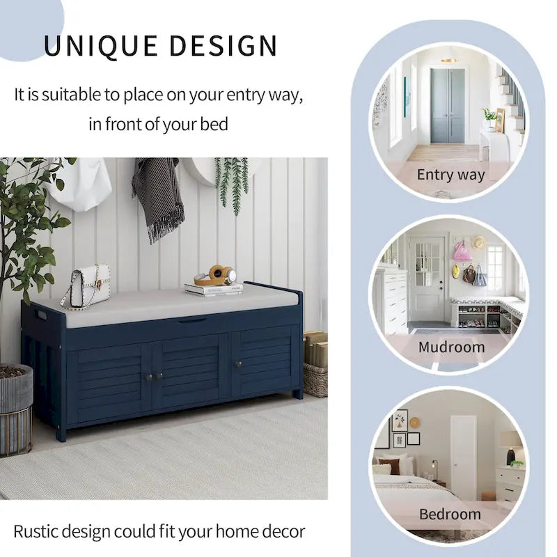 Banc de rangement avec portes persiennes, coussin amovible et rangement intégré