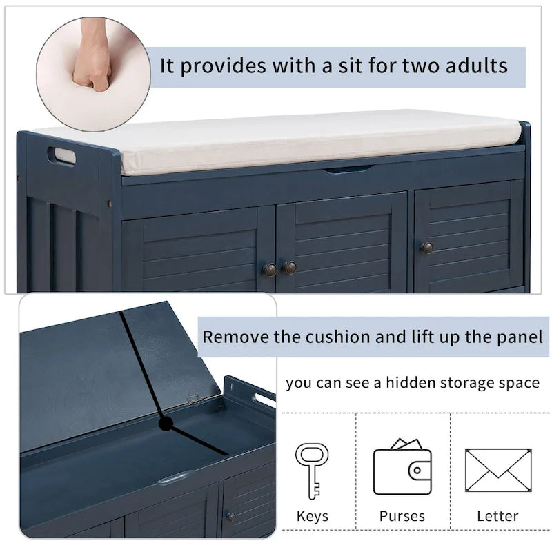 Banc de rangement avec portes persiennes, coussin amovible et rangement intégré