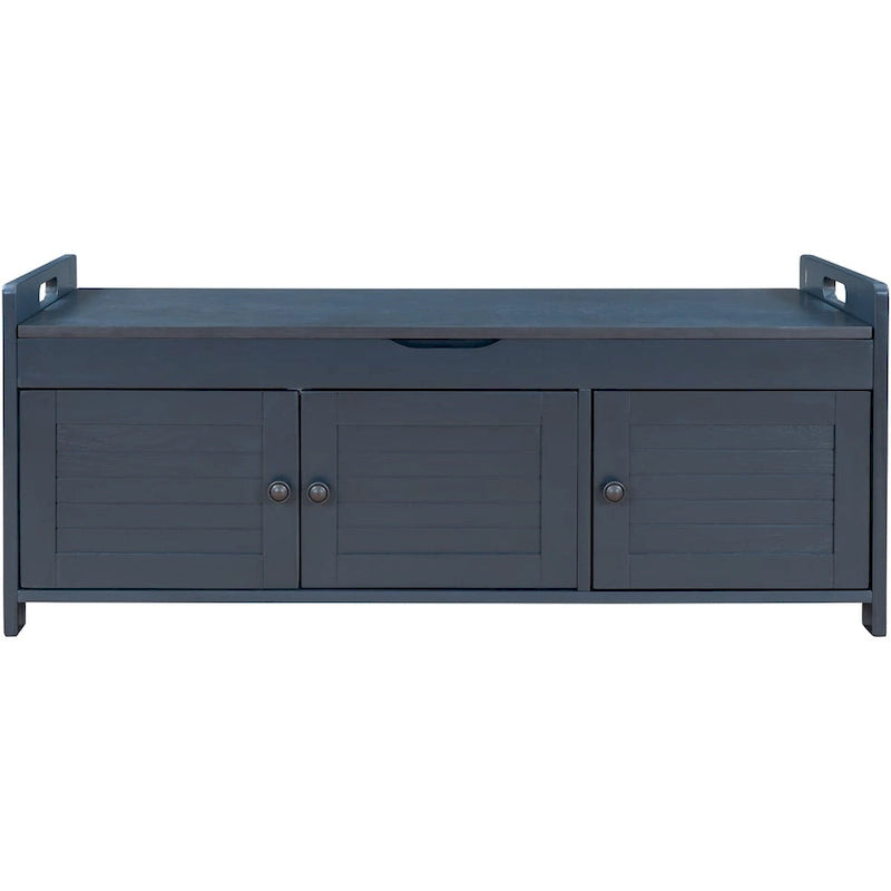 Banc de rangement avec portes persiennes, coussin amovible et rangement intégré