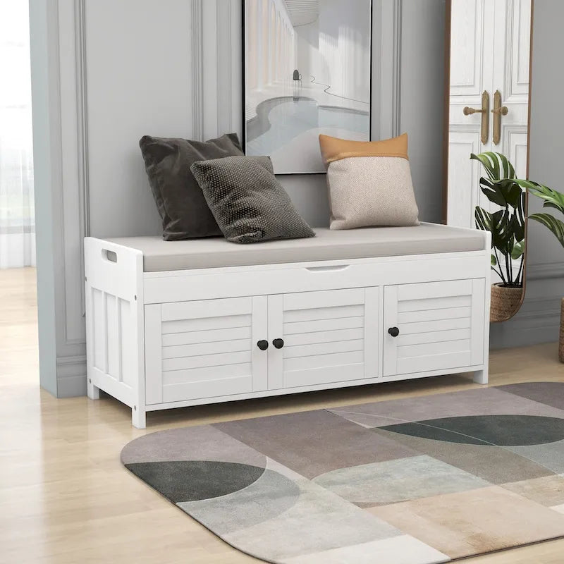 Banc de rangement avec portes persiennes, coussin amovible et rangement intégré