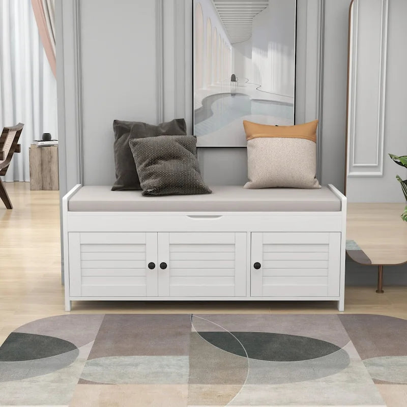Banc de rangement avec portes persiennes, coussin amovible et rangement intégré