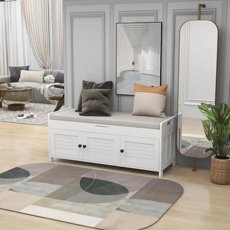 Banc de rangement avec portes persiennes, coussin amovible et rangement intégré
