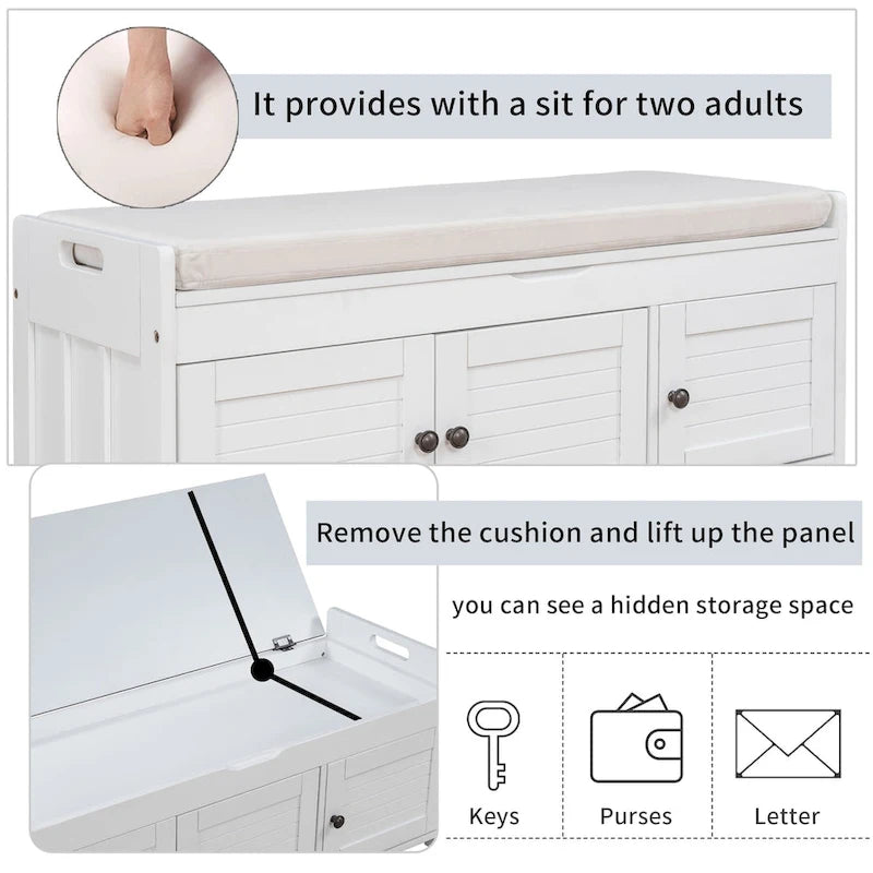 Banc de rangement avec portes persiennes, coussin amovible et rangement intégré