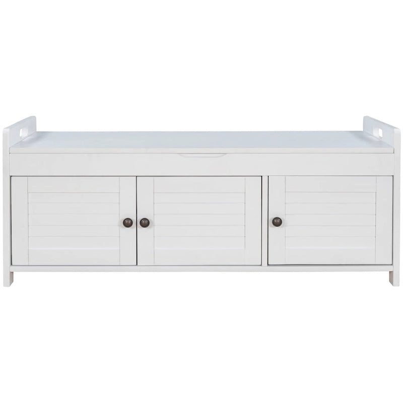 Banc de rangement avec portes persiennes, coussin amovible et rangement intégré