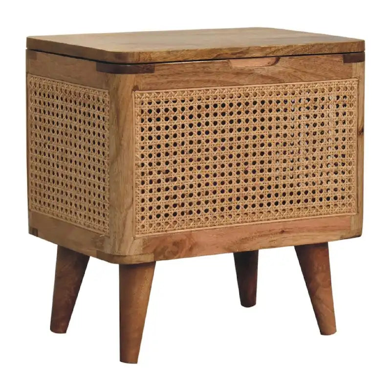 Tabouret de rangement en rotin tressé avec couvercle et pieds nordiques en bois de manguier massif