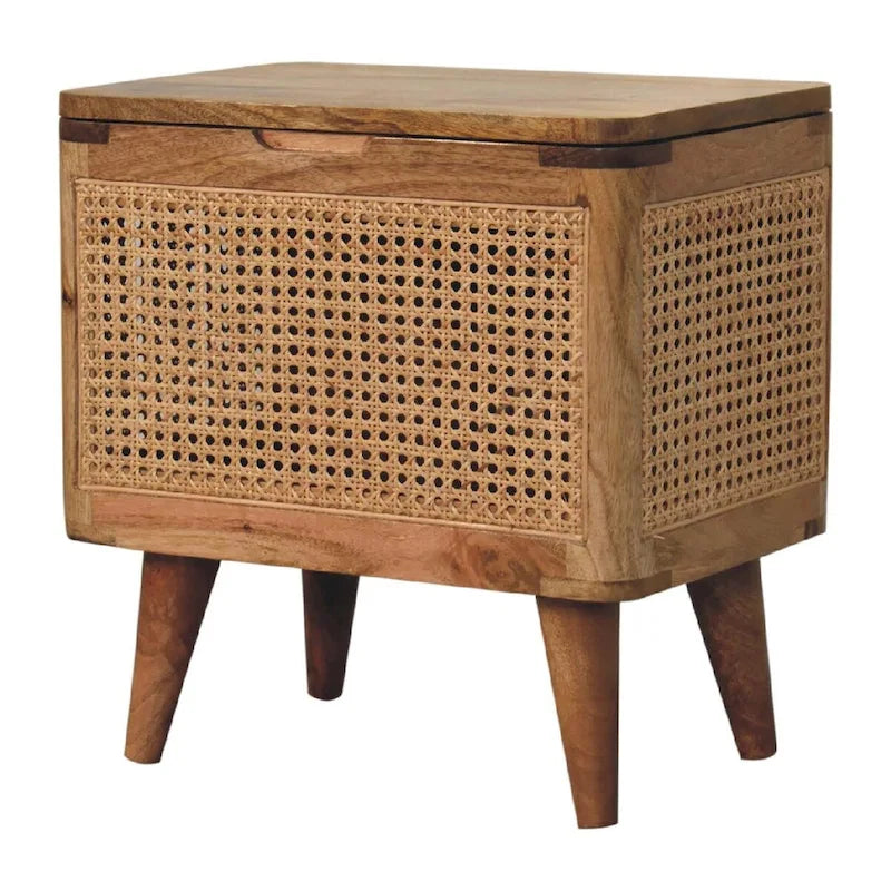 Tabouret de rangement en rotin tressé avec couvercle et pieds nordiques en bois de manguier massif