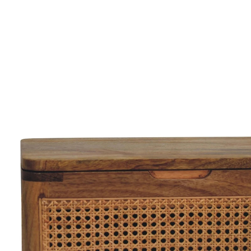 Tabouret de rangement en rotin tressé avec couvercle et pieds nordiques en bois de manguier massif