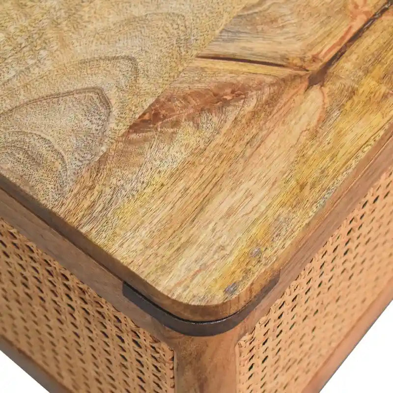 Tabouret de rangement en rotin tressé avec couvercle et pieds nordiques en bois de manguier massif