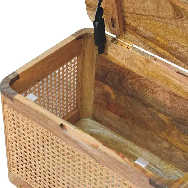 Tabouret de rangement en rotin tressé avec couvercle et pieds nordiques en bois de manguier massif