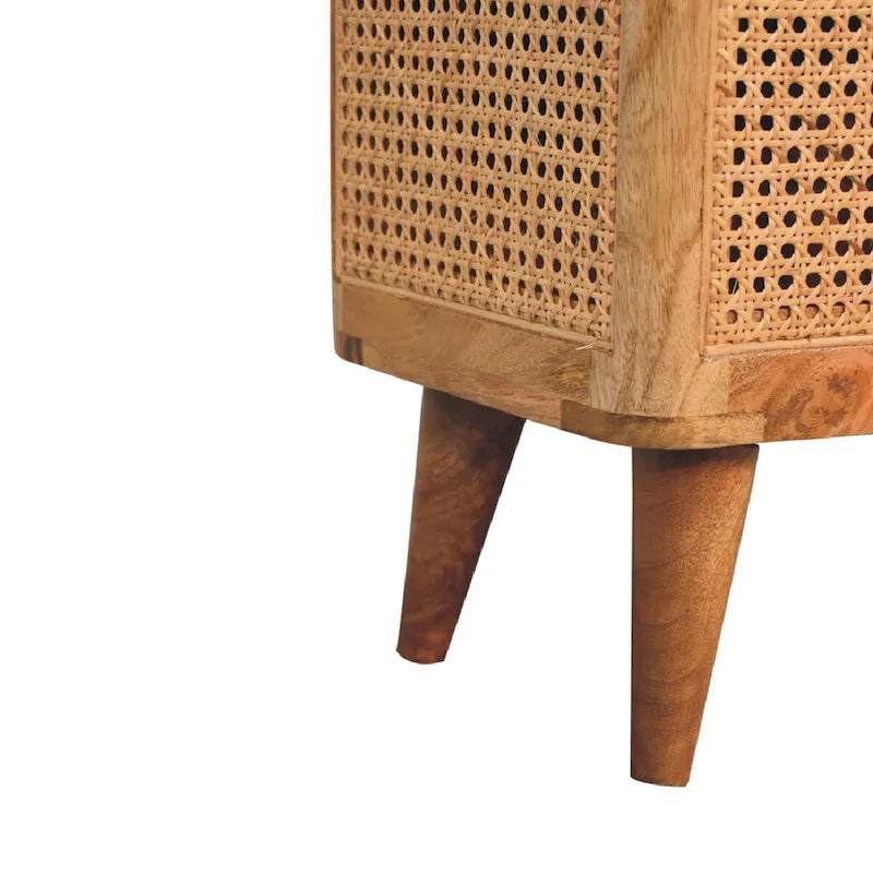 Tabouret de rangement en rotin tressé avec couvercle et pieds nordiques en bois de manguier massif