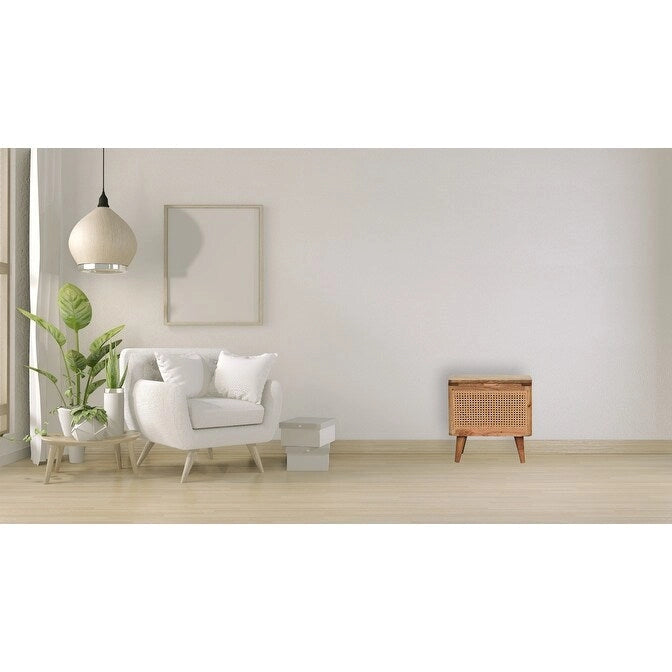 Tabouret de rangement en rotin tressé avec couvercle et pieds nordiques en bois de manguier massif