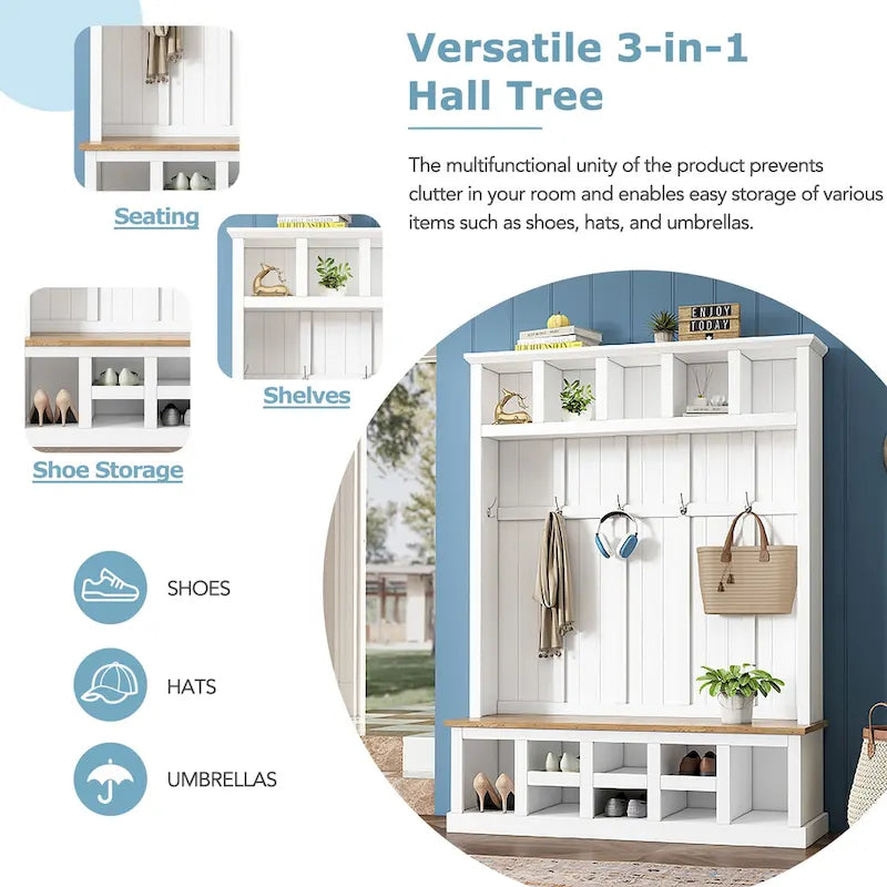 Vestiaire moderne avec banc de rangement, compartiments à chaussures et patères