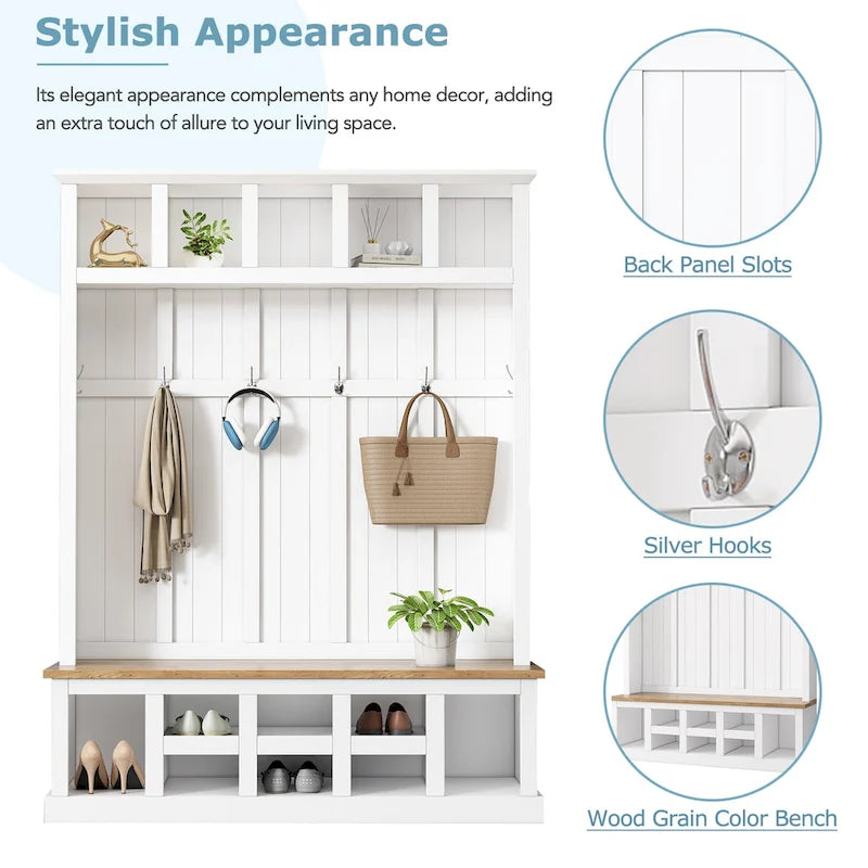 Vestiaire moderne avec banc de rangement, compartiments à chaussures et patères