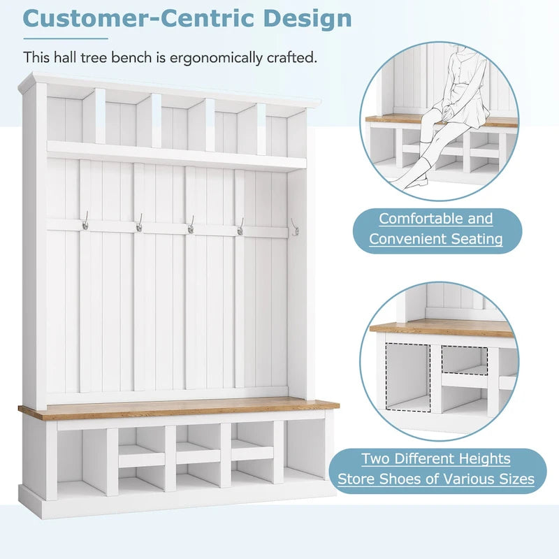 Vestiaire moderne avec banc de rangement, compartiments à chaussures et patères