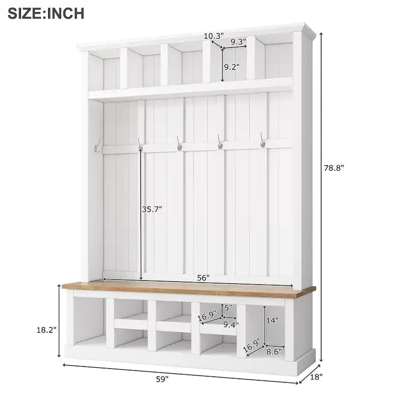 Vestiaire moderne avec banc de rangement, compartiments à chaussures et patères