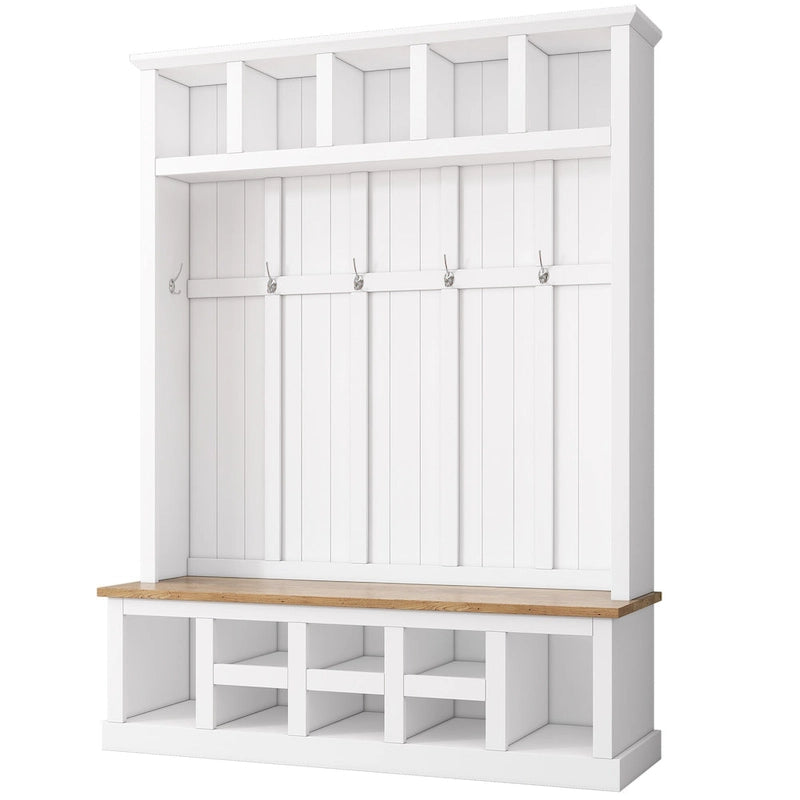 Vestiaire moderne avec banc de rangement, compartiments à chaussures et patères