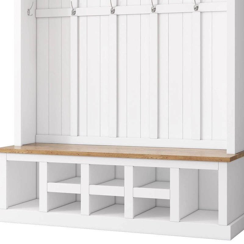 Vestiaire moderne avec banc de rangement, compartiments à chaussures et patères