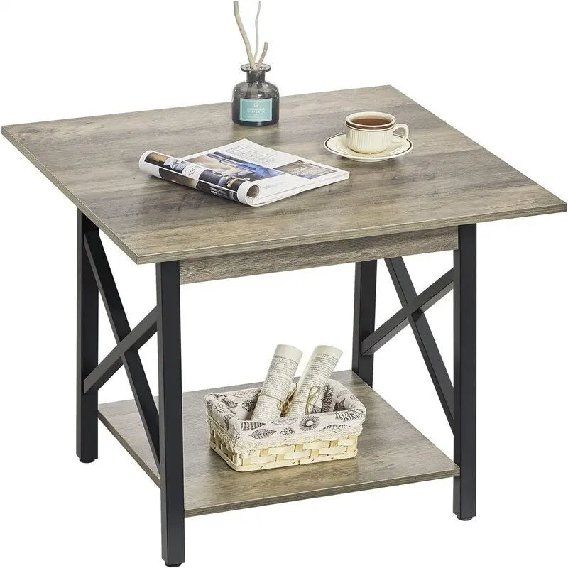 Table d'appoint de style industriel avec étagère de rangement et pieds métalliques en X