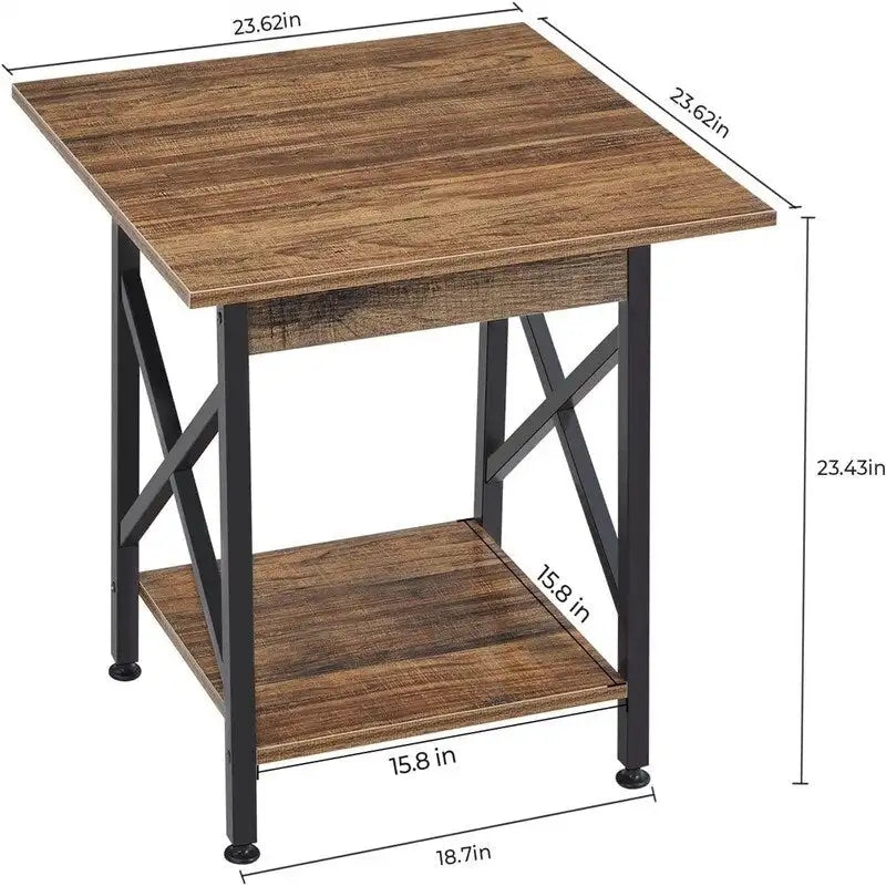 Table d'appoint de style industriel avec étagère de rangement et pieds métalliques en X