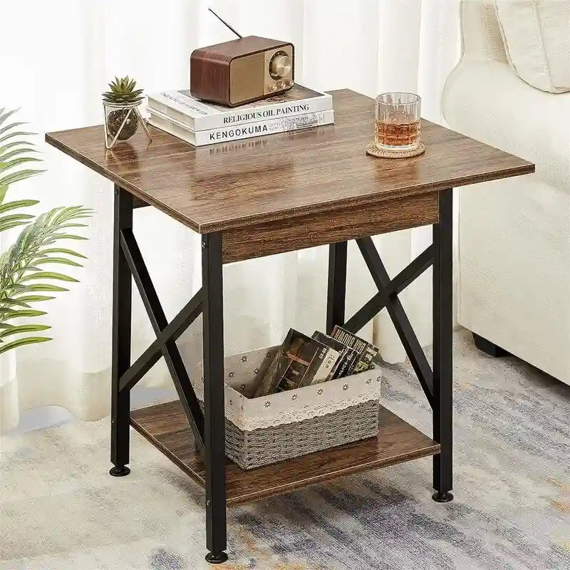 Table d'appoint de style industriel avec étagère de rangement et pieds métalliques en X