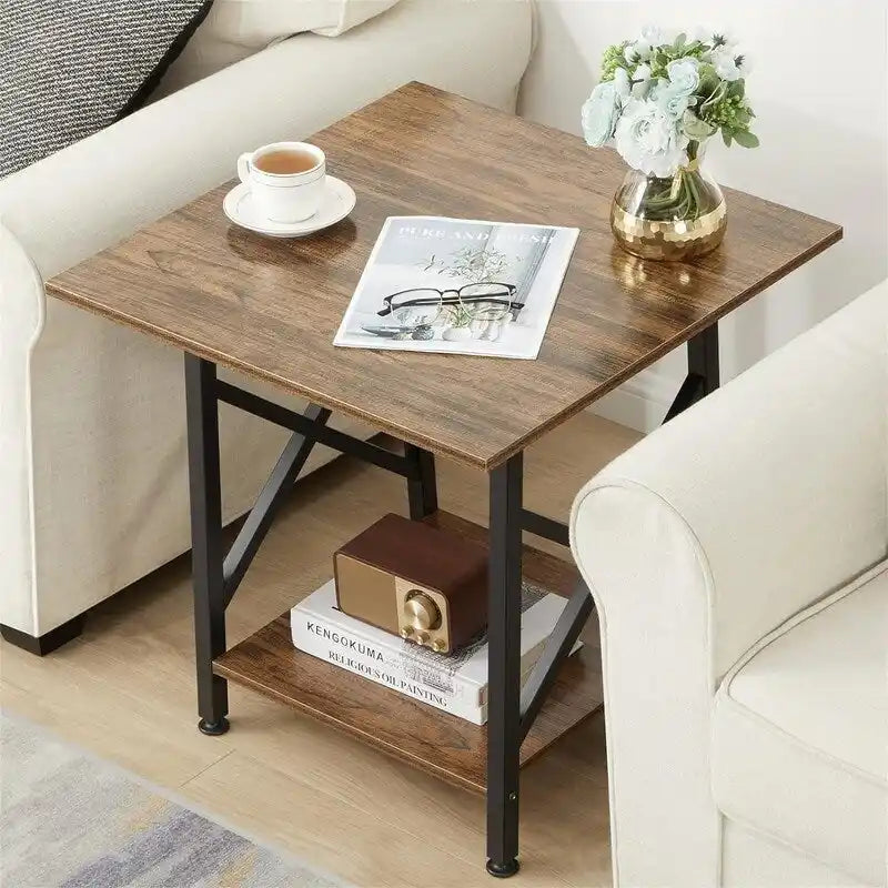 Table d'appoint de style industriel avec étagère de rangement et pieds métalliques en X