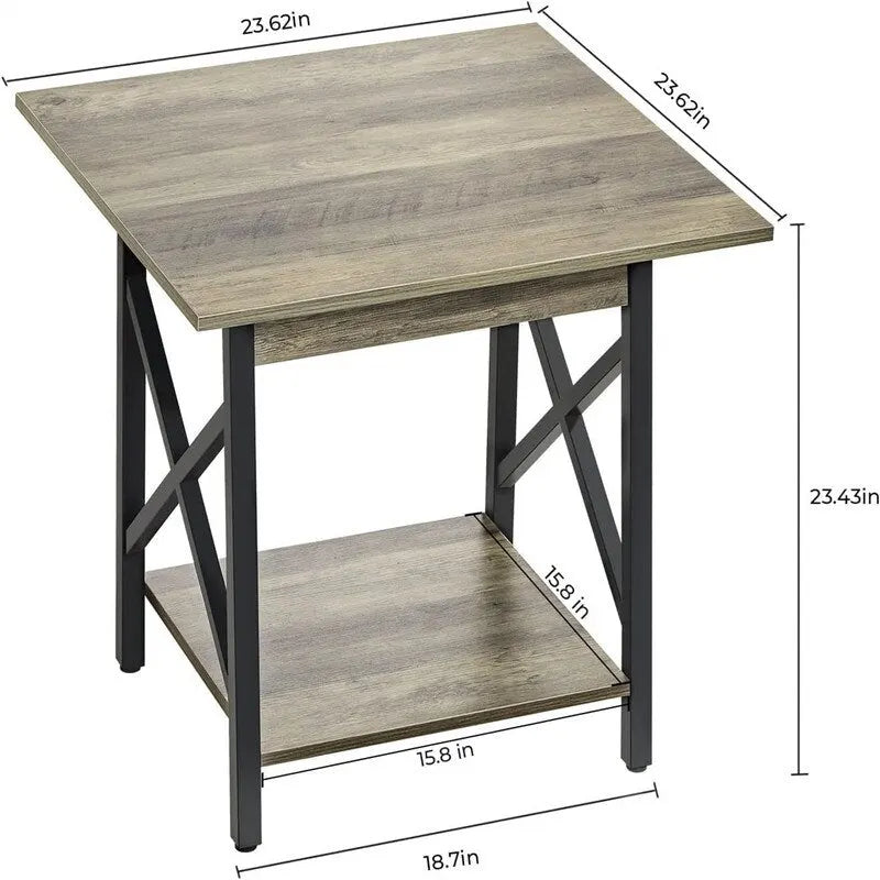 Table d'appoint de style industriel avec étagère de rangement et pieds métalliques en X