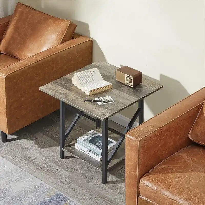 Table d'appoint de style industriel avec étagère de rangement et pieds métalliques en X