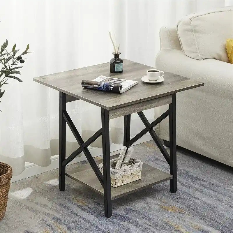 Table d'appoint de style industriel avec étagère de rangement et pieds métalliques en X