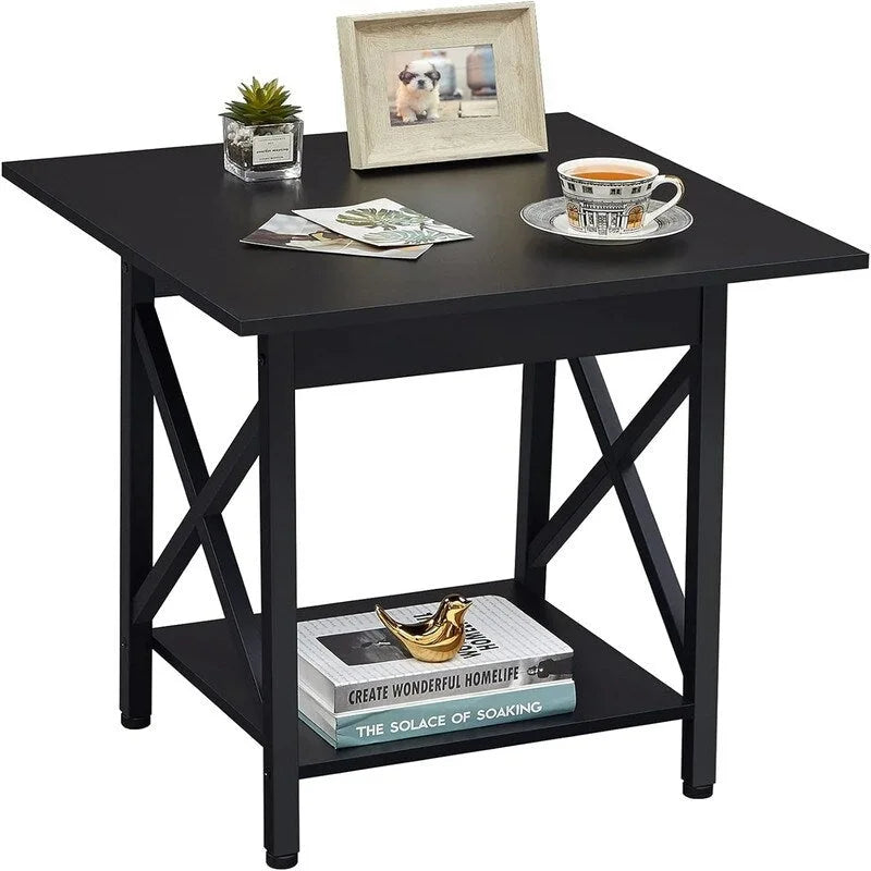 Table d'appoint de style industriel avec étagère de rangement et pieds métalliques en X