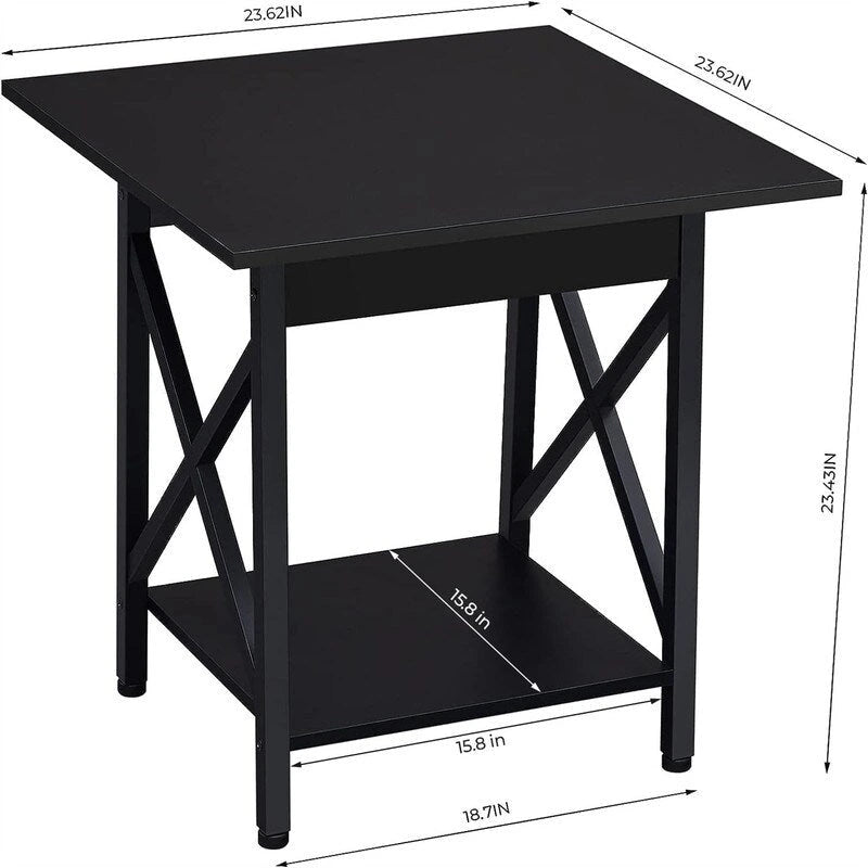 Table d'appoint de style industriel avec étagère de rangement et pieds métalliques en X
