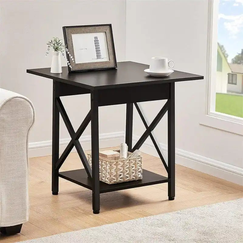Table d'appoint de style industriel avec étagère de rangement et pieds métalliques en X