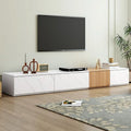 Meuble TV moderne avec 4 tiroirs de rangement et dessus en faux marbre