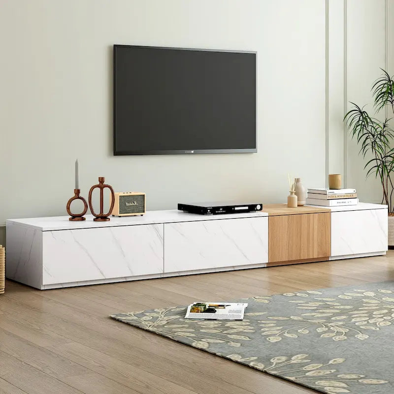 Meuble TV moderne avec 4 tiroirs de rangement et dessus en faux marbre