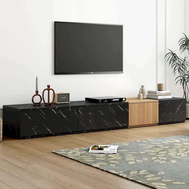 Meuble TV moderne avec 4 tiroirs de rangement et dessus en faux marbre