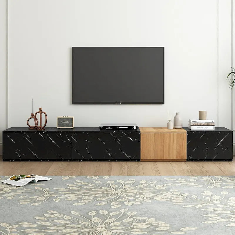 Meuble TV moderne avec 4 tiroirs de rangement et dessus en faux marbre