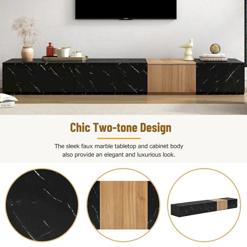 Meuble TV moderne avec 4 tiroirs de rangement et dessus en faux marbre