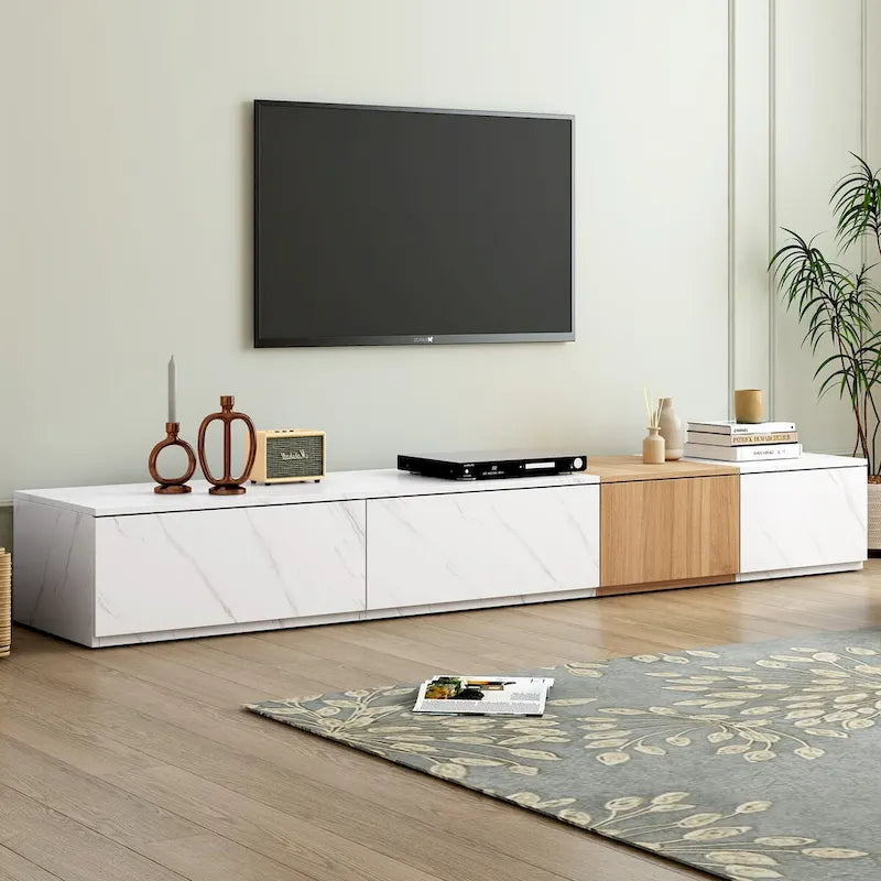 Meuble TV moderne avec 4 tiroirs de rangement et dessus en faux marbre