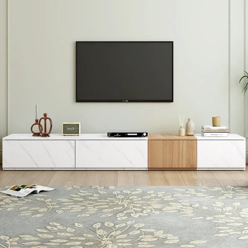 Meuble TV moderne avec 4 tiroirs de rangement et dessus en faux marbre